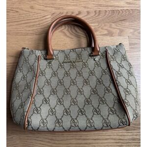 Adrienne Vittadini Signature Monogram Satchel Bag Brown Tan Top‎ Handle Purse